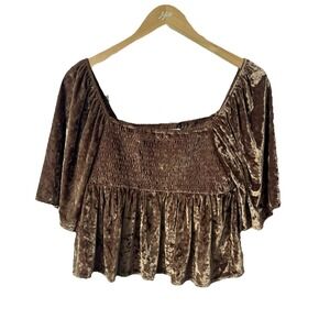 American Eagle Womens Brown Crushed Velvet Smocked Peasant Top Boho M Whimsigoth